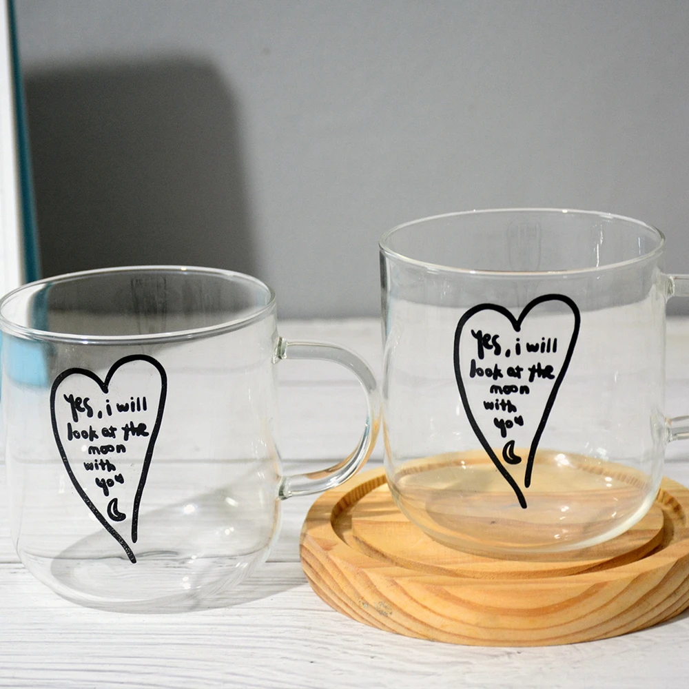 

400ml Letter Ice Glass Mug Tea Juice Milk Glass Cup Coffee Mug Wine Glass Drink Cup Heart Print Heat Resistant Transparent Cups