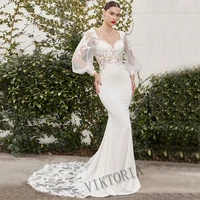 viktoria sexy 2022 wedding gown for bride sweetheart court train puff sleeve button mermaid appliques robe de mari%c3%a9e