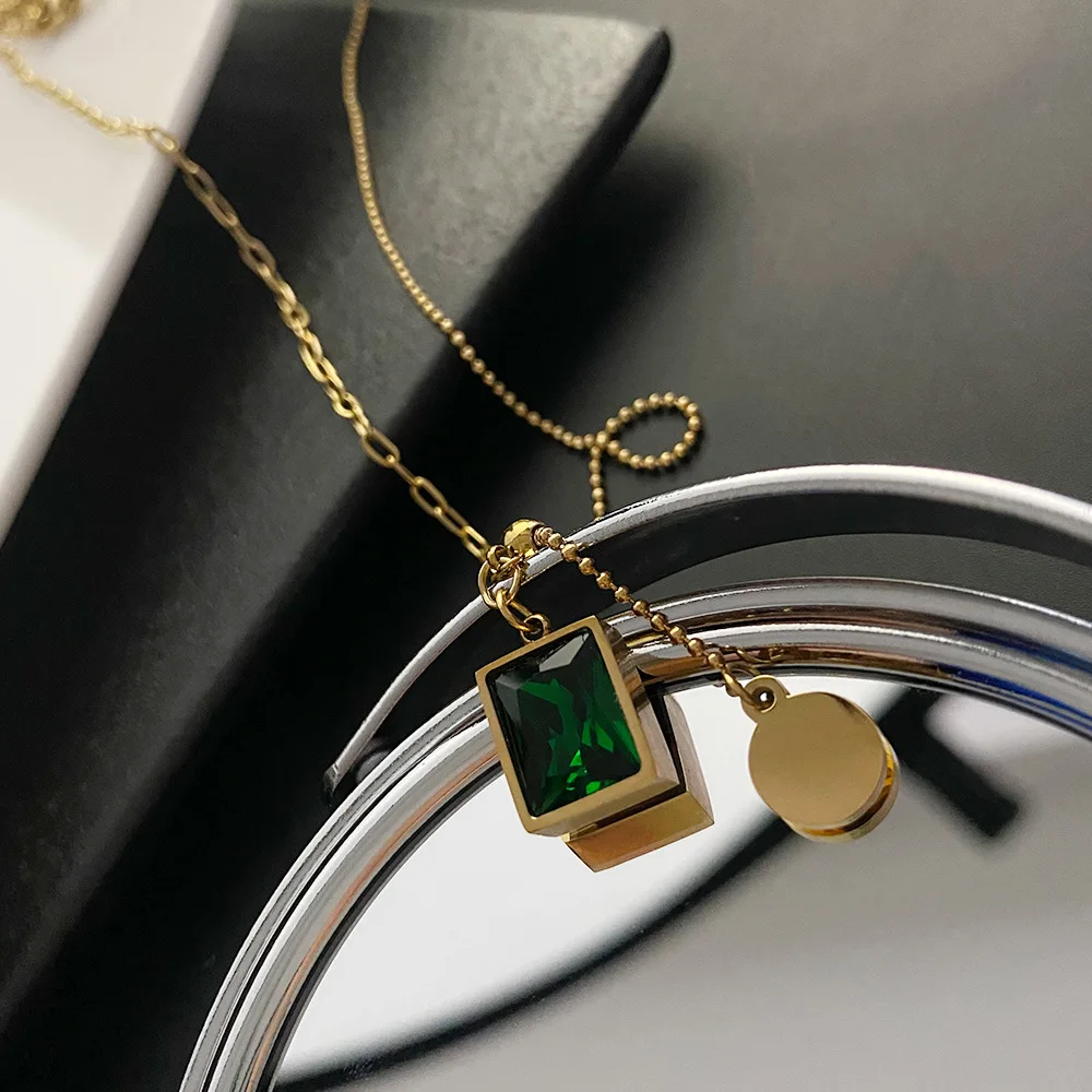 

Stainless Steel Fadeless Pendants Necklace Square Green Water Brick Collarbone Chain Gold Plated For Women Jewelry Birthday Gift
