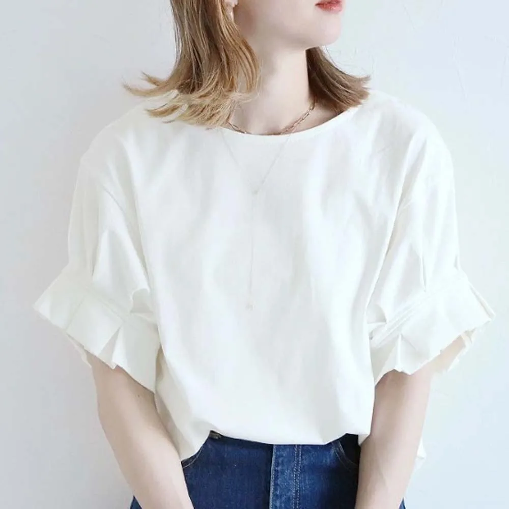 

T-shirt Crew Neck Short Sleeve Pleated Top Pullover Leisure Elegant Chic 2022 Summer New Ladies Top 2022 Summer Korea Japan