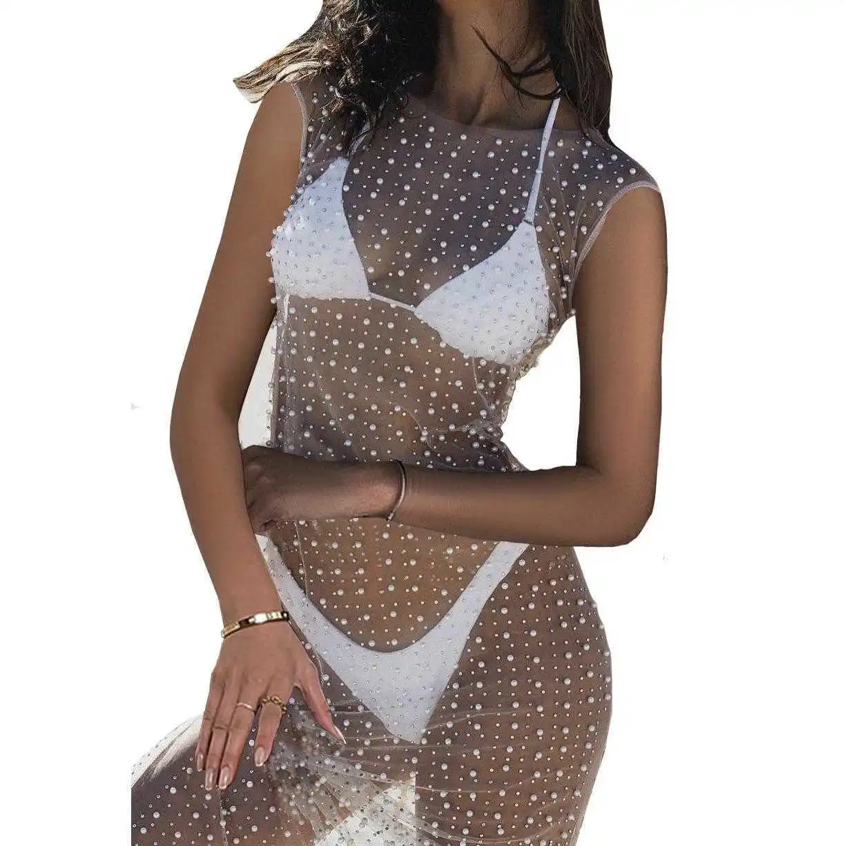 

Spring And Summer Womens Fashion Dresses Sexy Mesh Rhinestone Beaded Sleeveless Dress