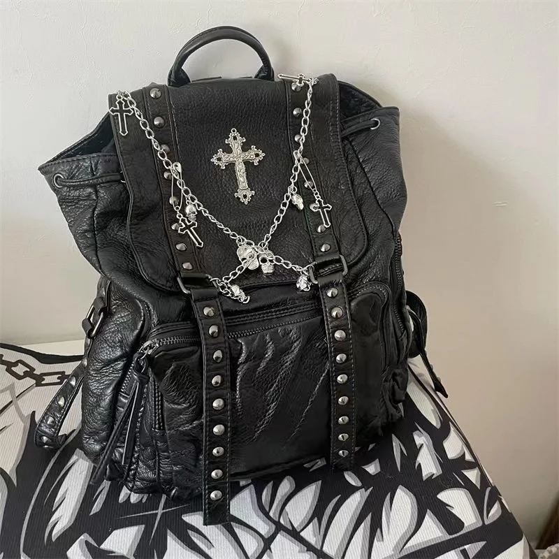 

Goth Y2k Backpacks for Women Black Punk Rivet Chain School Students Bag Pu Leather Cross Skeleton Fashion Female Backpacks