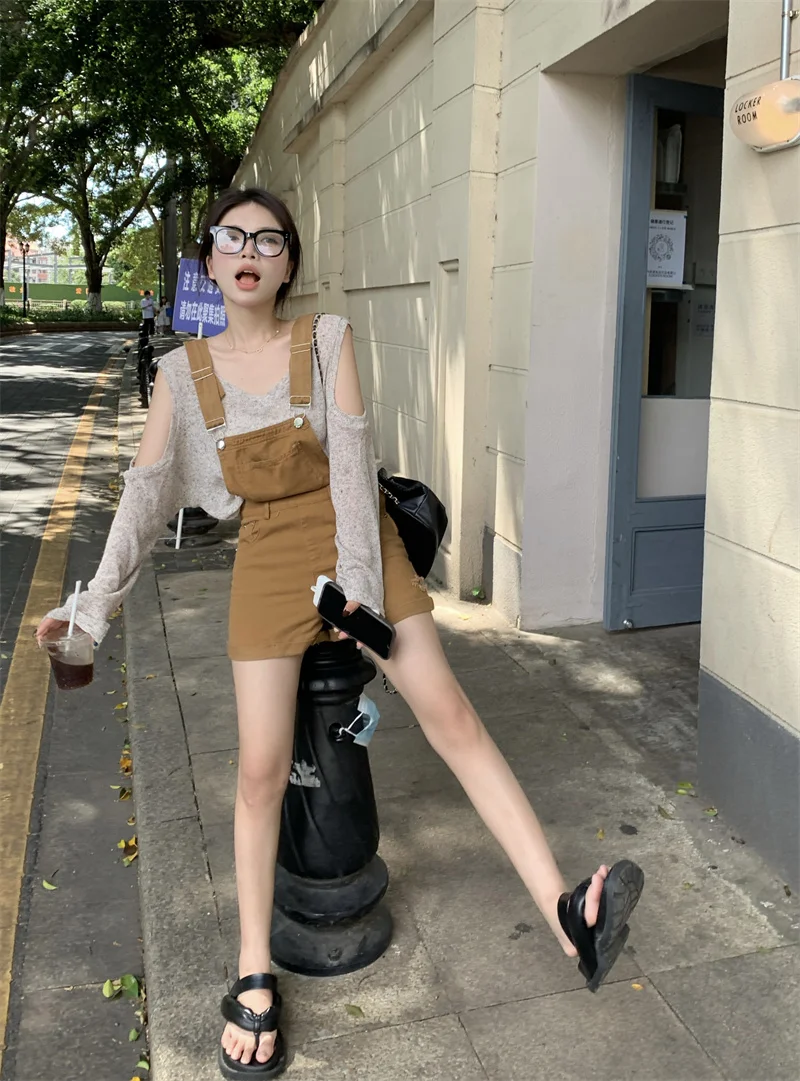 

Retro tooling straps denim shorts women's summer new high-waisted loose wide-leg pants straight pants broadband slim