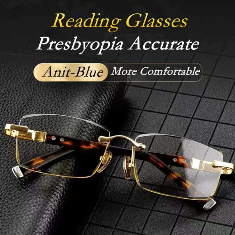 

Anti Blue Light Frameless Reading Glasses Diamond Cutting Anti Fatigue Hyperopia Presbyopia Glasses for Men +1.0 To +4.0