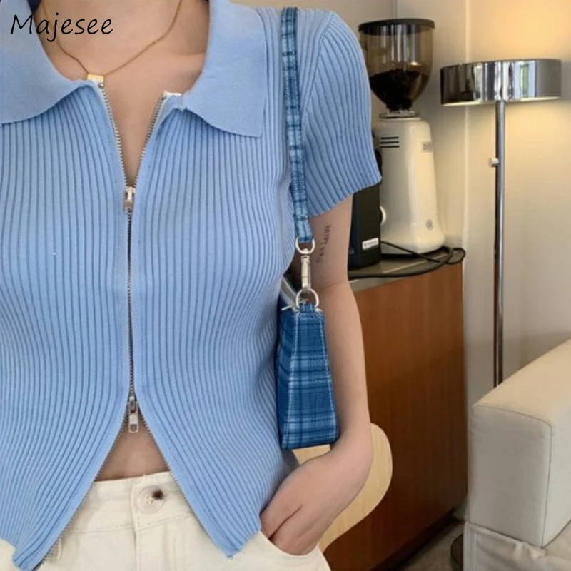 

Short Sleeve T-shirts Women Knitted Zipper Turn-down Collar Vintage Summer Fashion Slim Sexy All-match Streetwear Ins Young Lady