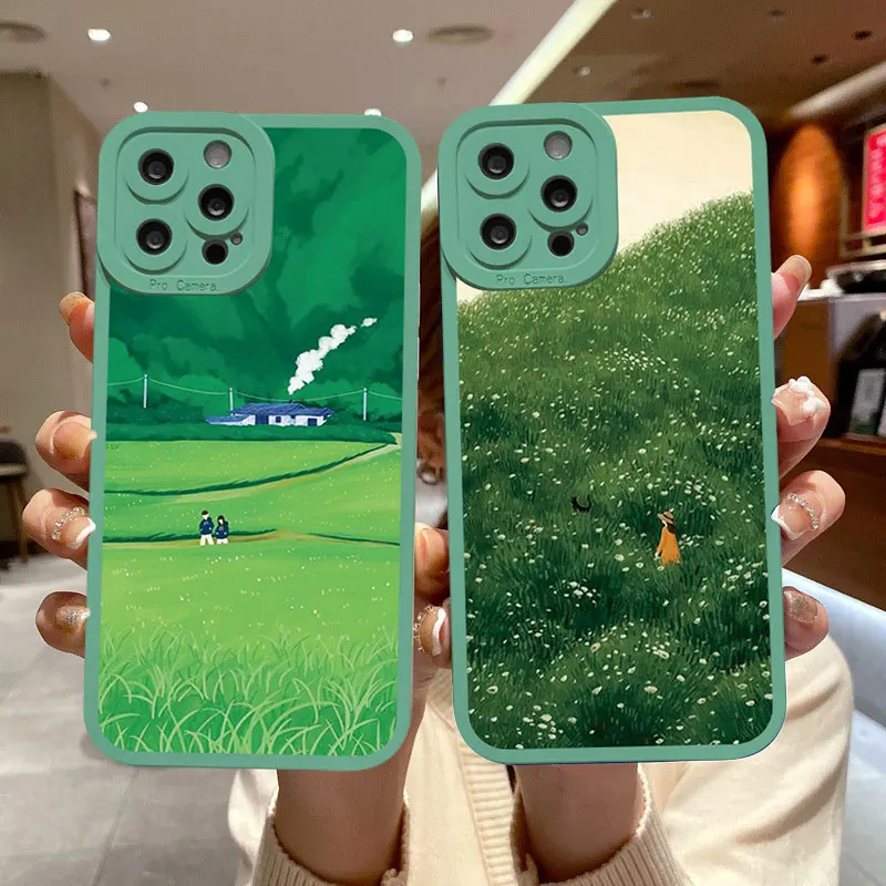 

Scenery Girl Cute Illustration Phone Case For iPhone XS X XR 14 13 12 11 Pro Max SE 2020 7 8 14 Plus Soft Silicone Cover Fundas