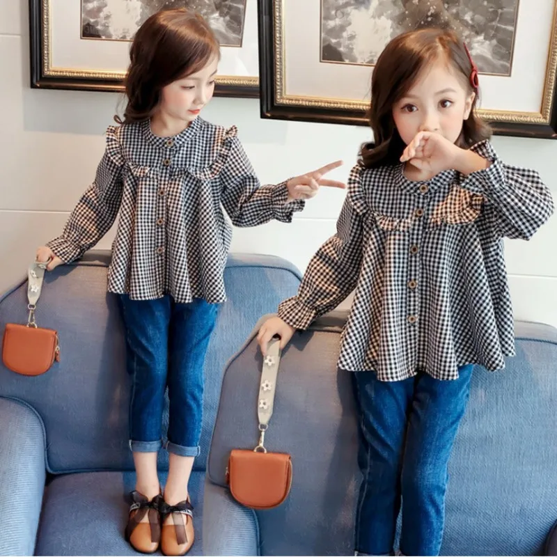 

Plaid Shirt for Kids Spring Autumn Tops Tees Ruffles Decoration Casual Shirts Long Sleeve Girl's Shirts and Blouses