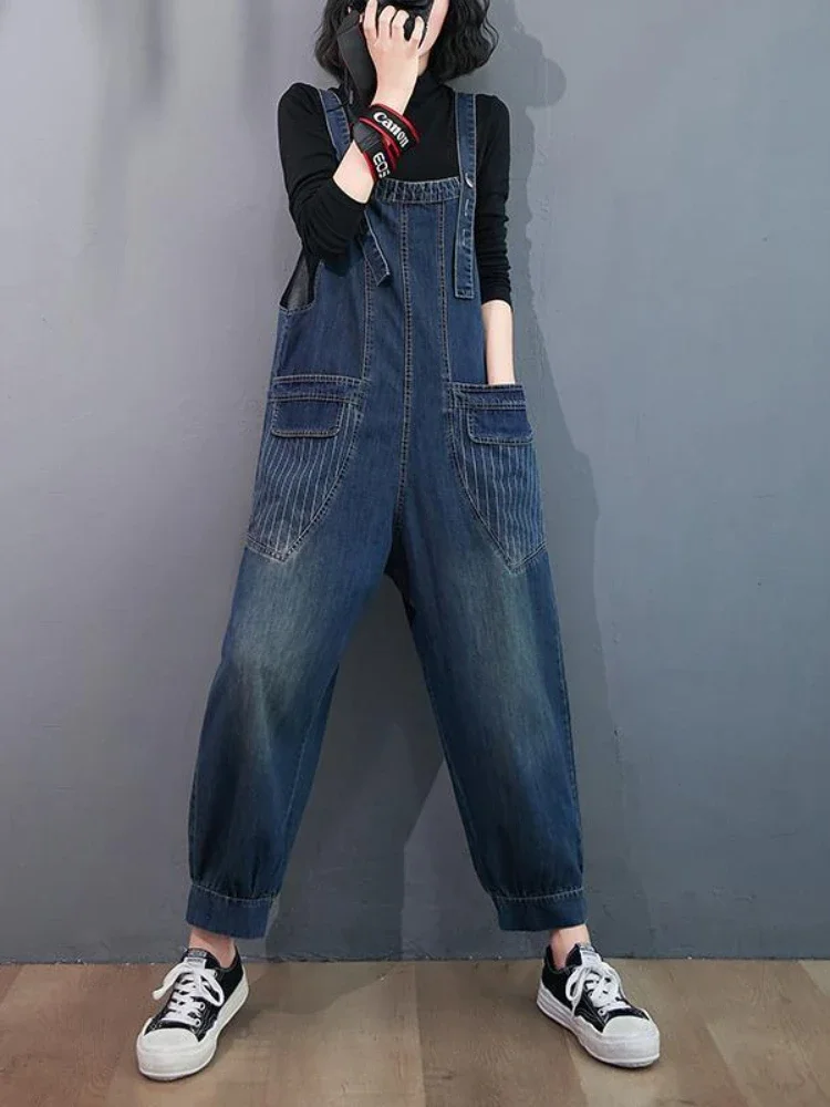 Весенне-осенний джинсовый комбинезон женские длинные широкие брюки свободные