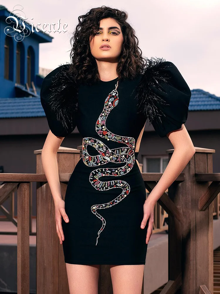 VC Black Velvet Mini Dress Women Luxury Snake Beads Design Short Sleeve Feather Evening Party Dress Sexy Backless