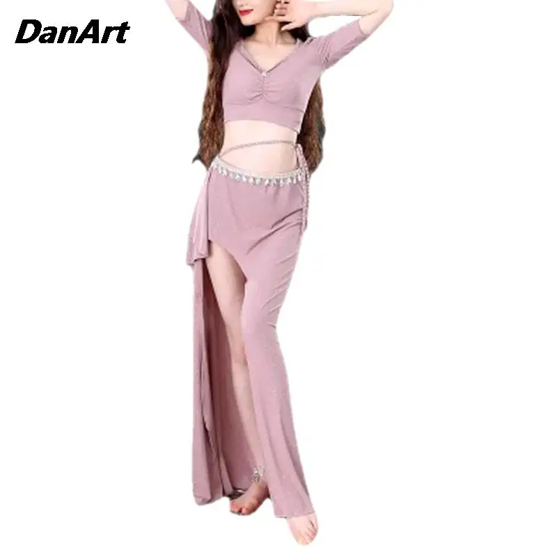 Костюм для танца живота сексуальный топ с короткими рукавами + юбка разрезом 2