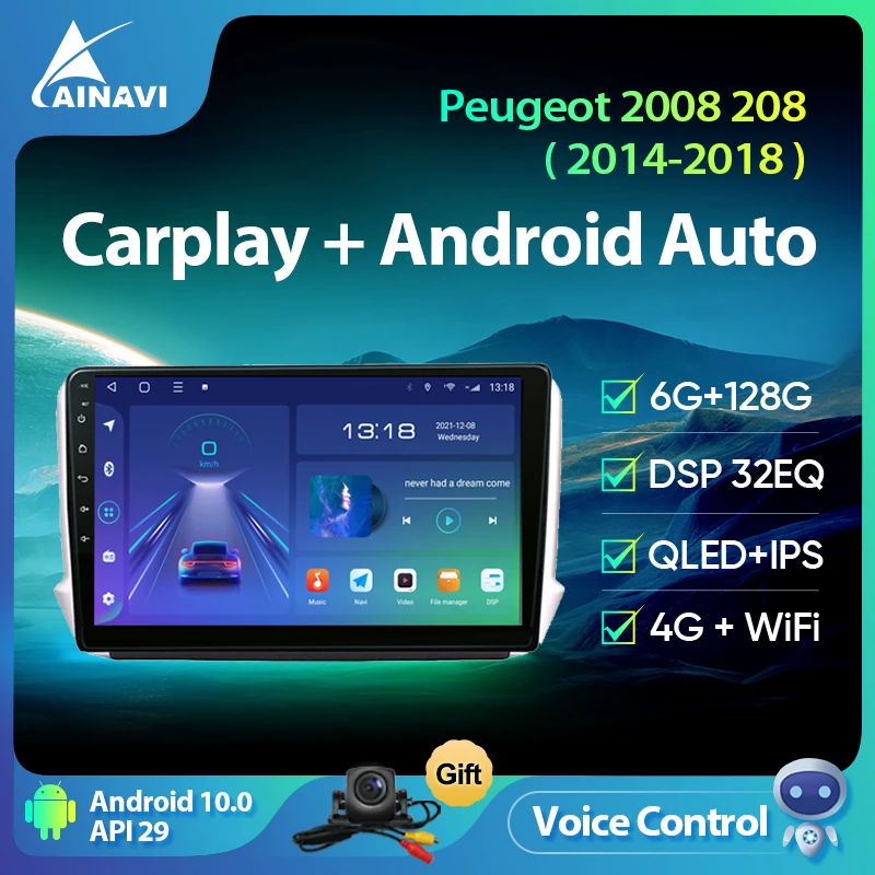 

Ainavi Android 10 Car Radio Multimedia Player For Peugeot 2008 208 2014-2018 GPS Navigation No 2din Auto Stereo Touch Screen 4G