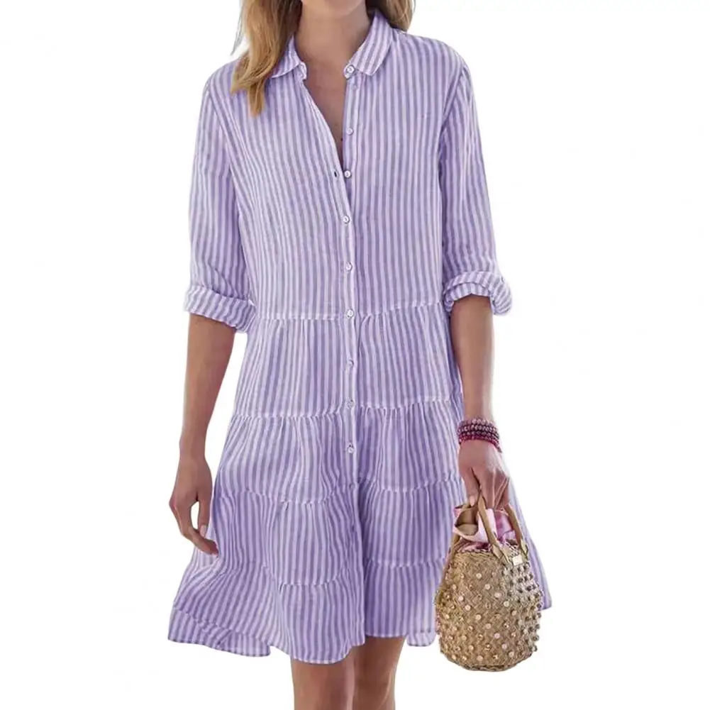 

Женское однобортное офисное платье-рубашка, элегантное офисное платье в полоску с отложным воротником и длинным рукавом, осень