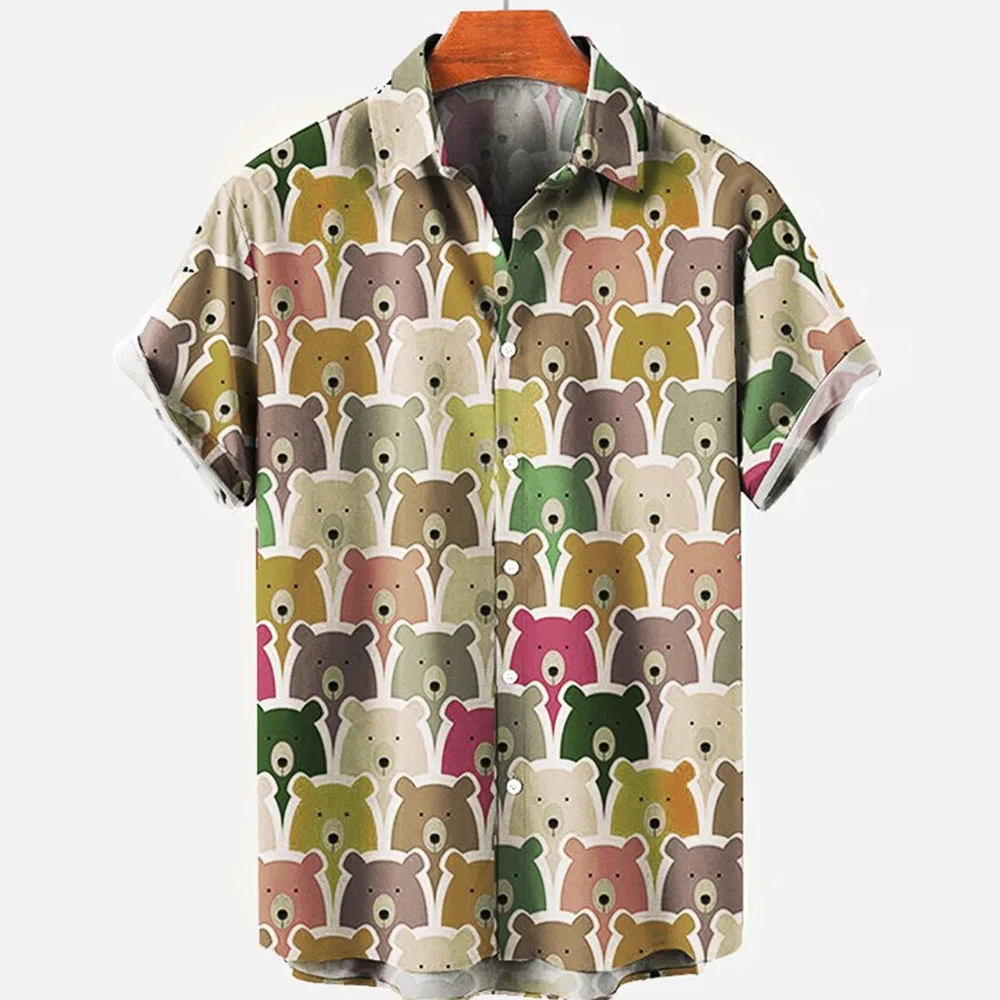 Мужская винтажная рубашка с коротким рукавом 3D-принтом медведя |