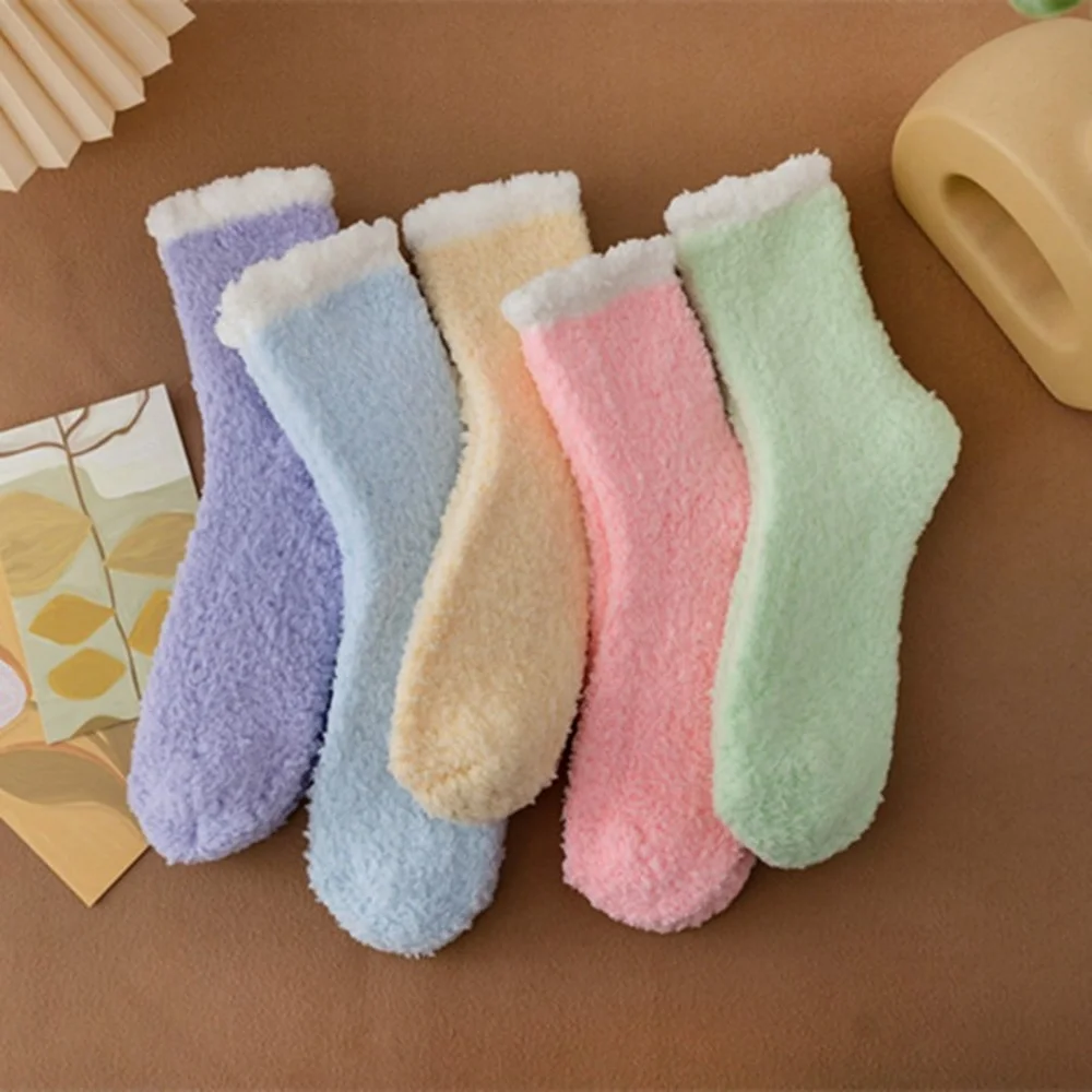 5 Pairs Autumn and Winter Fashion Thick Women's Coral Fleece Socks Candy Color Half Velvet Home Warm Sleep Socks for Ladies