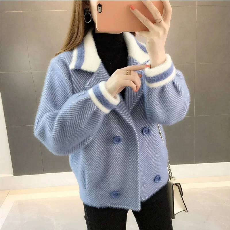 

Women's Short Section Pretty Herringbone Wool Jackets Fashion Double Breasted Spring Coats Female Sweater Knitted Mink Jacket