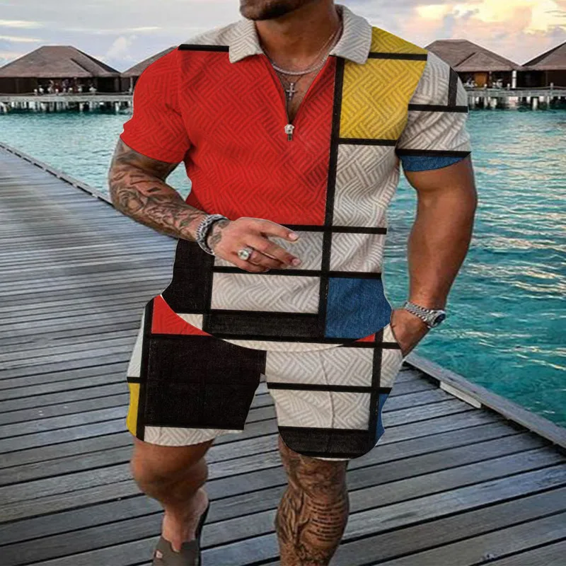 Men's Suit 3D Color Stitching Print Summer Short Sleeve Polo Shirt Shorts Suit Fashion Zipper Polo Shirt Two Piece Set New