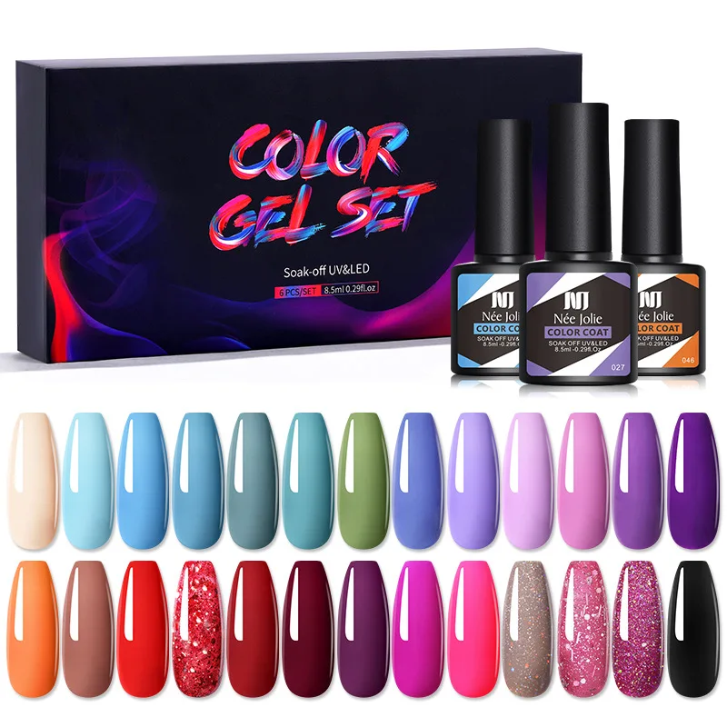 

6 Pcs Gel Nail Polish Set Purple Glitter Semi Permanent Hybrid Gel Varnishes Soak Off UV Led Base Top Coat Nail Art Gel Kits