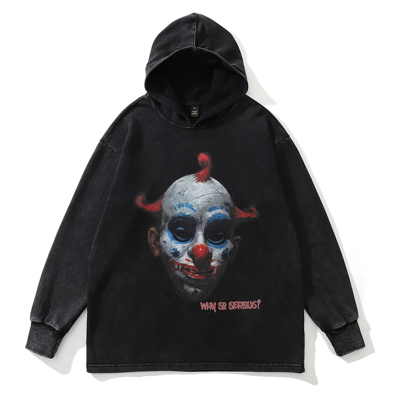 

Hip Hop Oversized Streetwear Gothic Hoodie Clown Printed Vintage Washed Hooded Sweatshirt 2022 Harajuku Punk Cotton Hoodies