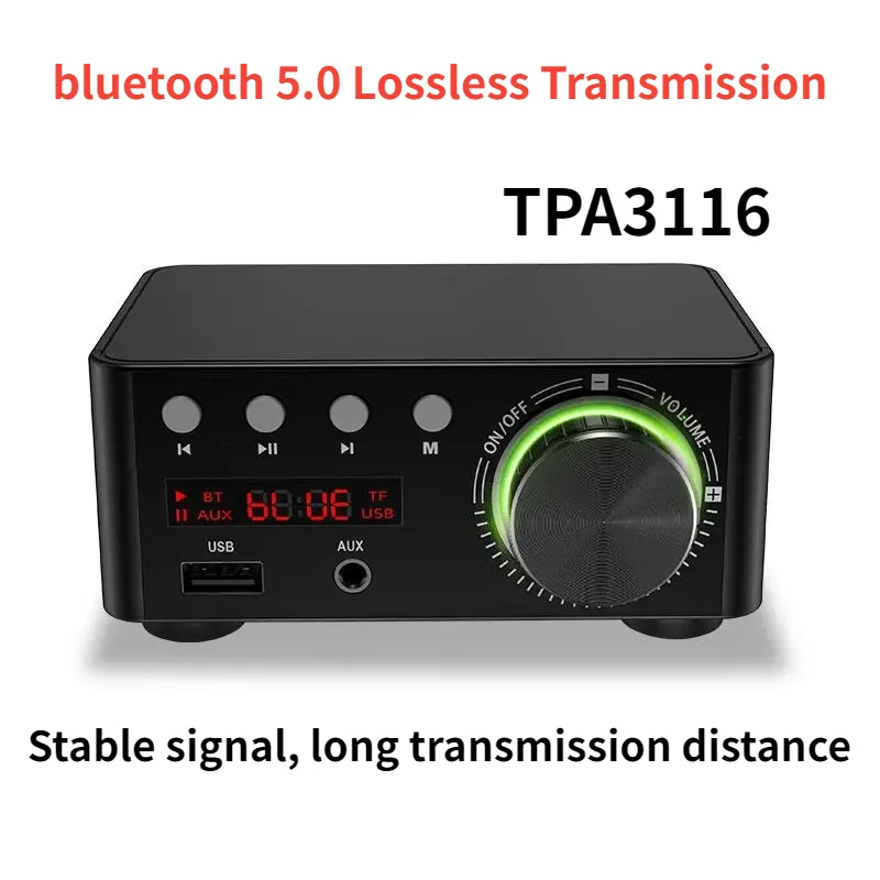 Mini Audio HiFi Bluetooth 5.0 Power Class D Amplifier Tpa3116 Digital Amp 50W*2 Home Audio Car Marine USB/AUX IN