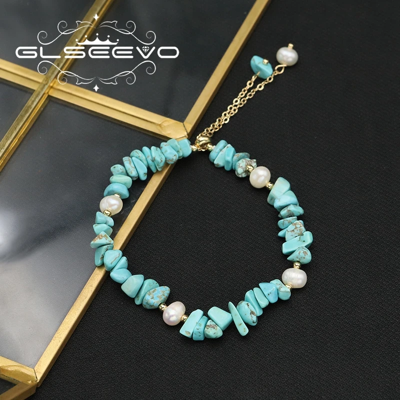 

GLSEEVO Turquoise Natural Freshwater Pearls Woman Pendant Bracelet Elegant Art Fashion Luxurious Fine Jewelry Anniversary Gifts