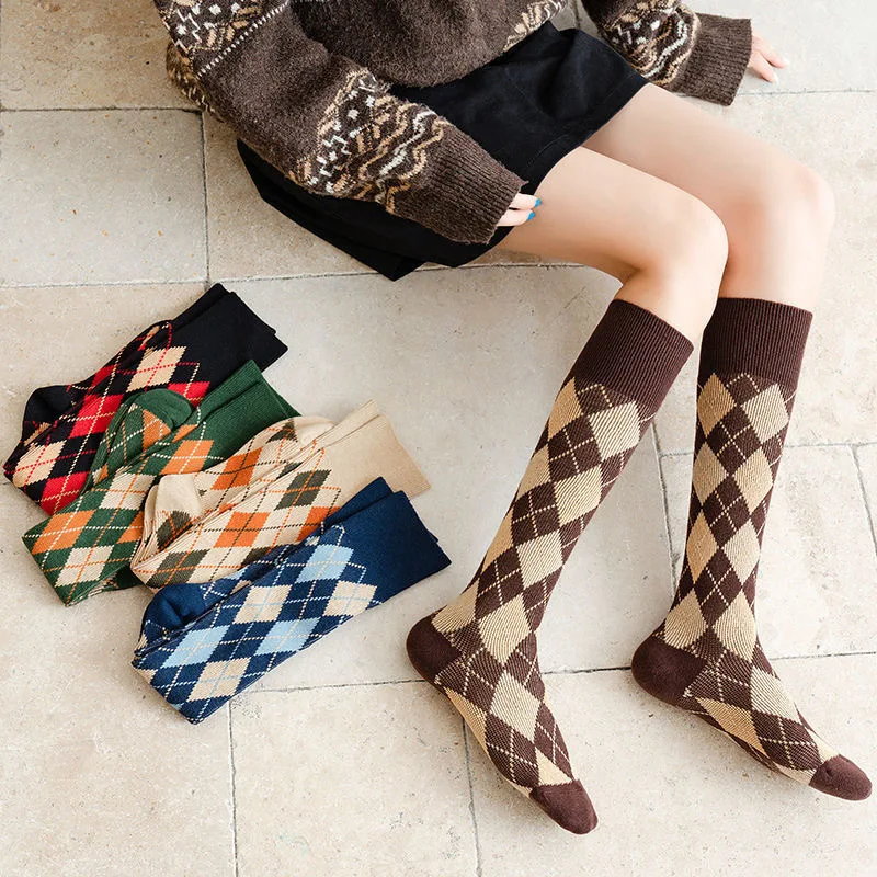 

Модные Винтажные длинные гольфы с ромбовидным узором для девочек