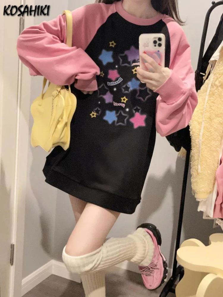

Y2k эстетичные толстовки с круглым вырезом в стиле Харадзюку, пуловер контрастных цветов со звездами и буквами, Свитшот в стиле пэчворк, большие размеры, уличная одежда в готическом стиле