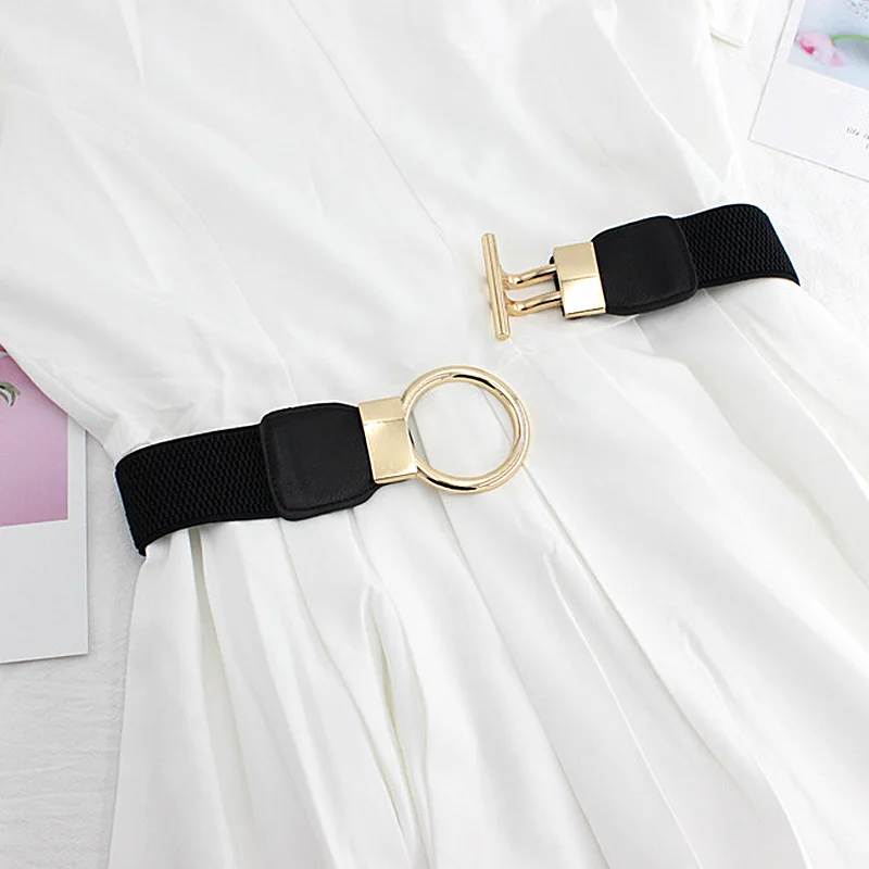 

4cm Wide Dress Waist Elastic Belt Girdle Simple Gold Round Buckle Women's Decorative Red White Black Belts