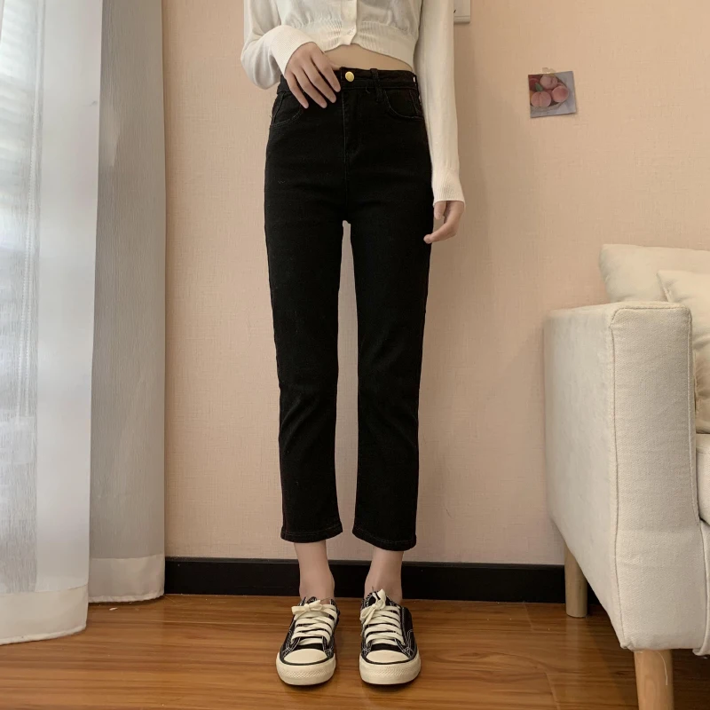

N2835 The new slim high waist slim slim black cropped trousers jeans
