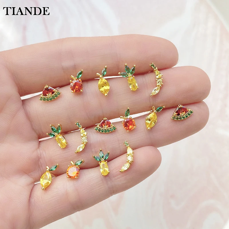 

TIANDE Gold Plated Tiny Fruit Ear Studs Cartilage Earring for Women Korean Fashion Exquisite Zircon Piercing Small Stud Earring