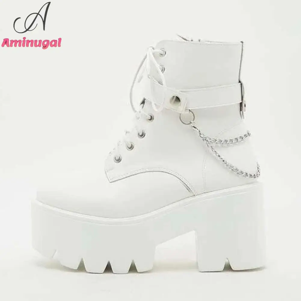 Brand New 2023 Platform Fashion White Black Block Heel Shoes Combat Booties Women's Lace Up Studded Motorcycle Boots Ankle Boots
