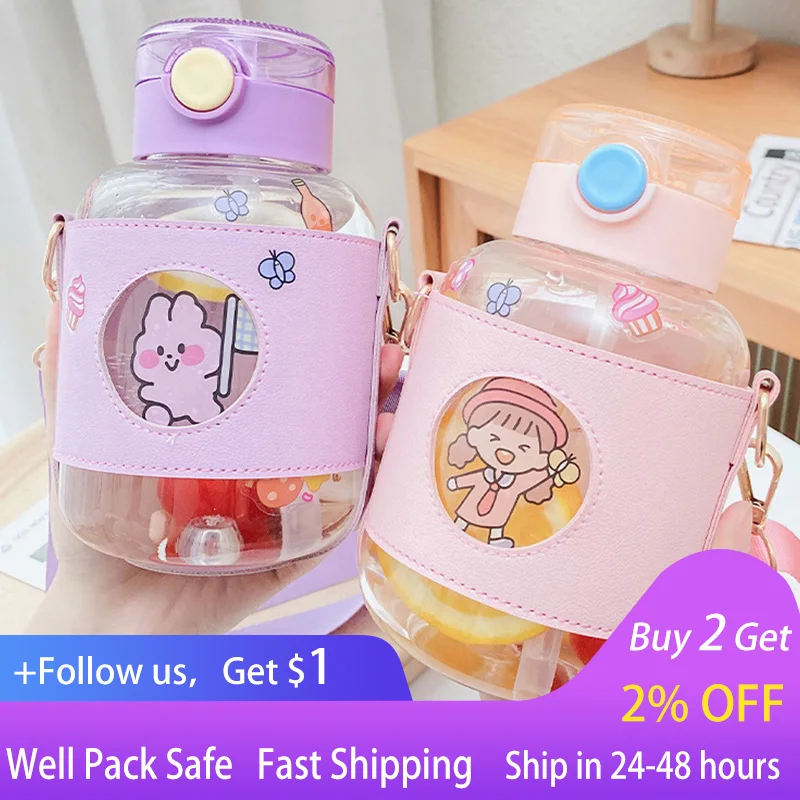 

850ml Cute Children's Water Bottle with Straw Kawaii for Girl Large Capacity Kawaii Cartoon Student School Travelwater Bottle