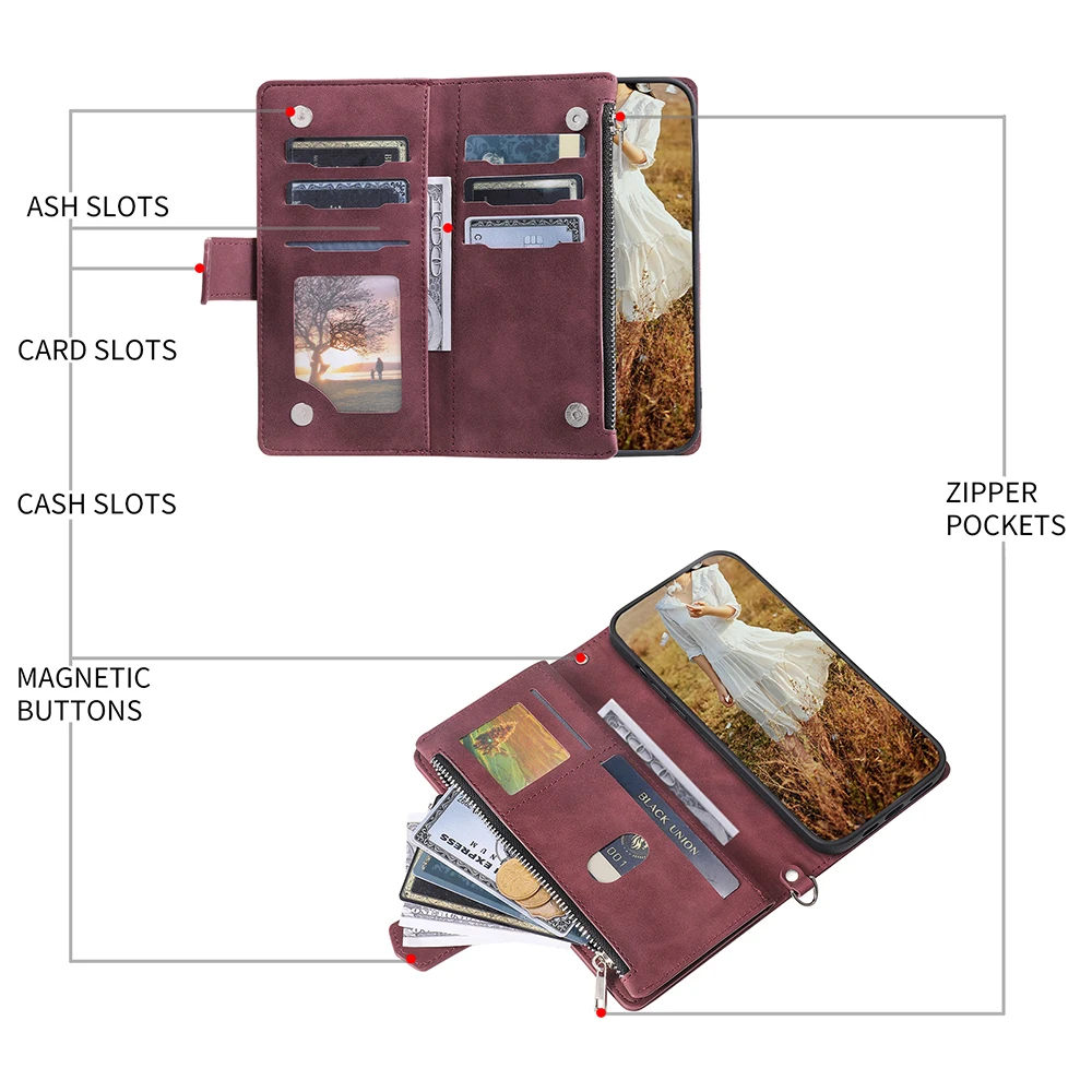 Zipper Wallet Multi Card Slots Case For Xiaomi POCO X4 Pro X3 M3 Redmi 9 9A 9C 9T 10A Note 7 8 9 10 11 11S Flip Cover With Strap