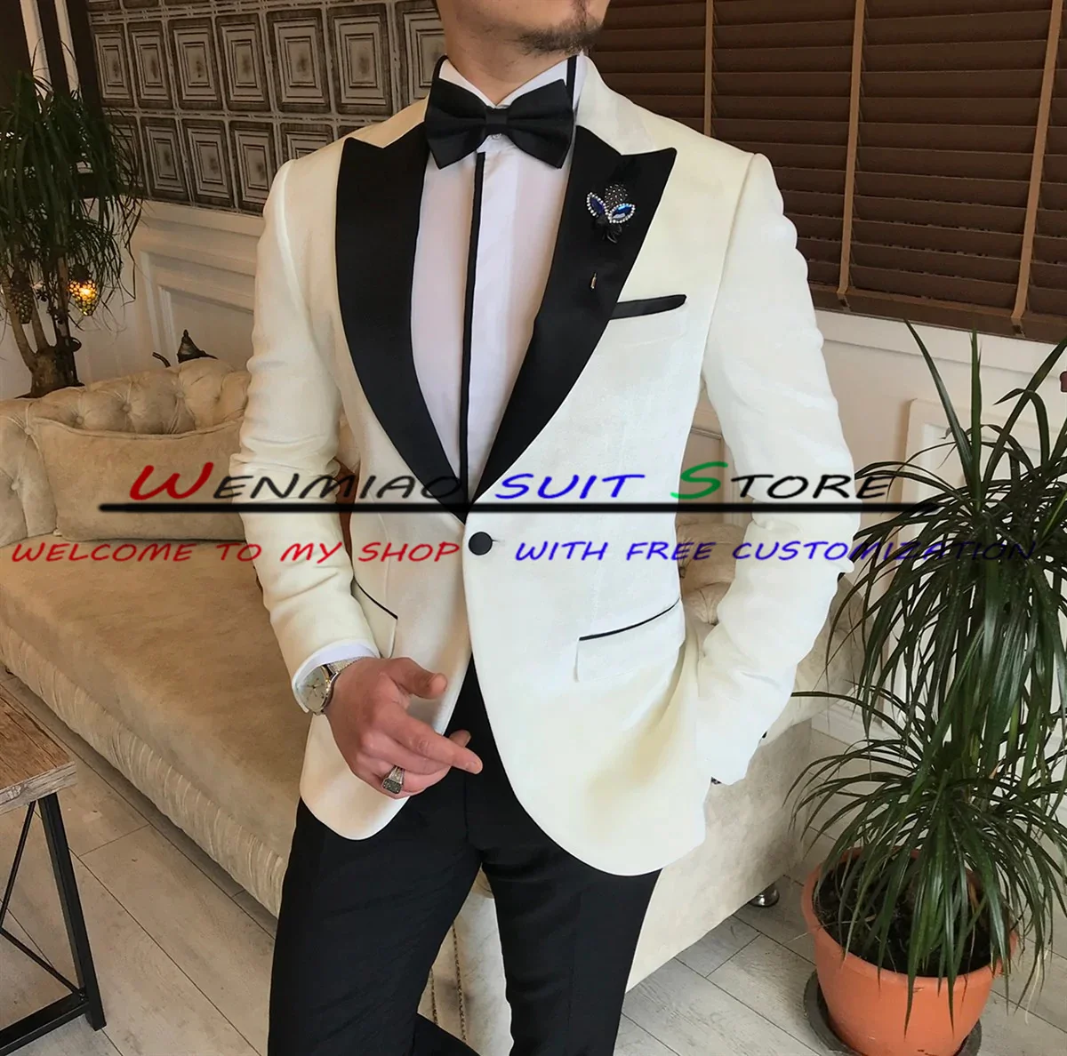 Ivory Suit for Men Wedding Groom Tuxedo One Button Tip Lapel Formal Blazer Pants Set Male Jacket 2 Piece