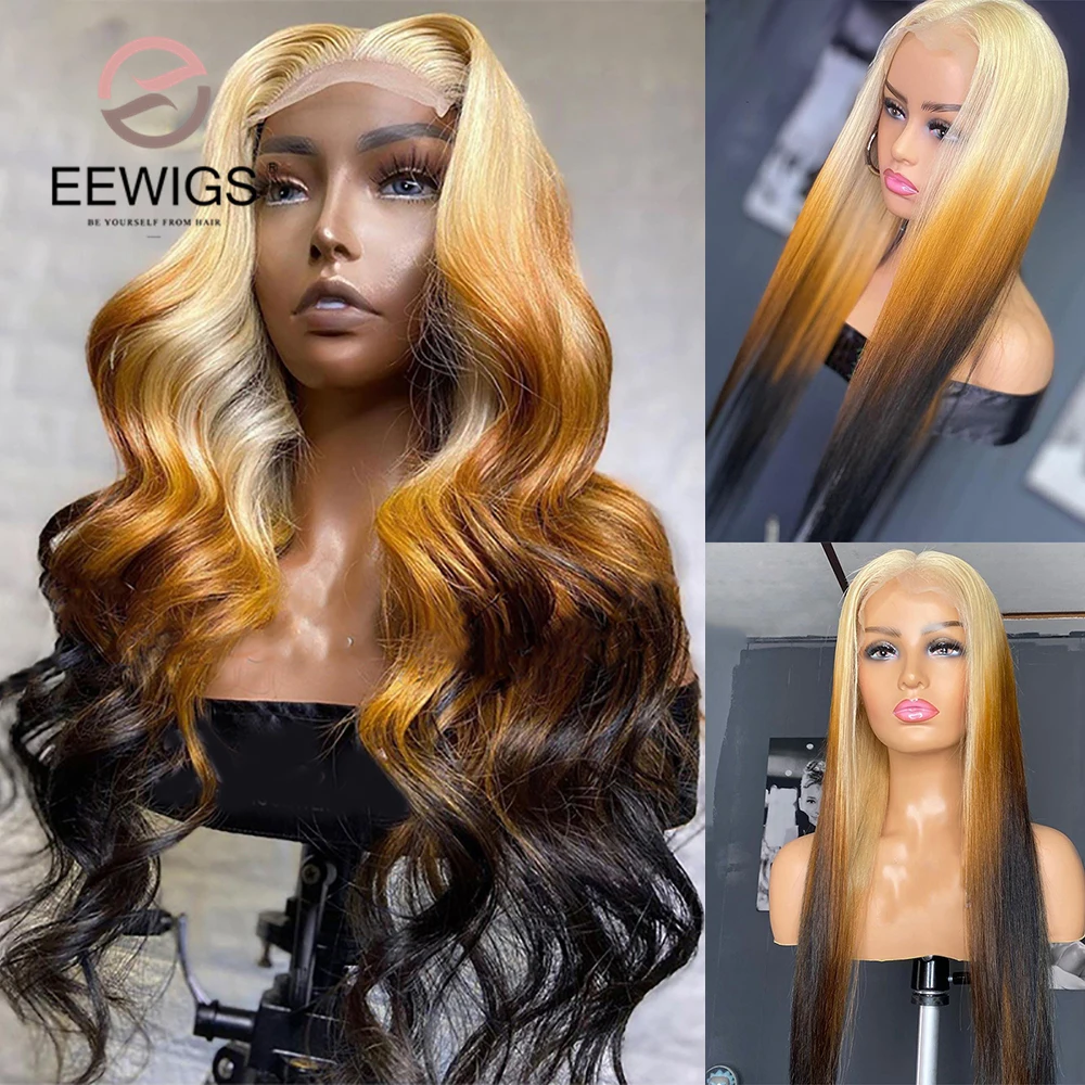 

Ombre Black With Blonde Roots Colored Long Straight 13×4 Synthetic Lace Front Loose Wave Preplucked Cosplay Wigs For Black Women