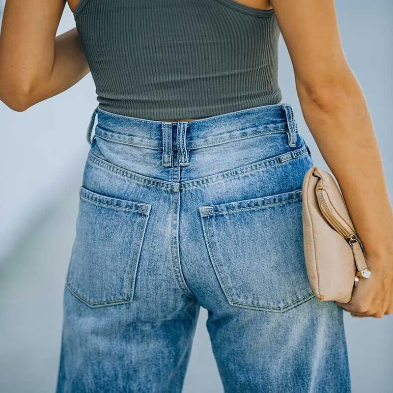 New Straight Casual Wide-leg Pants Temperament Ripped Jeans Women