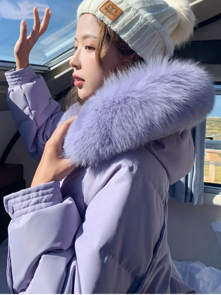 Winter Women's Purple Cotton Coat Casual Thick Warm Fur Collar Hooded Long Parkas Female Fashion Outwear 2022 New