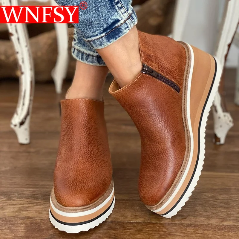 

Wnfsy Women's Short Boots Retro Soft-soled Leather Zipper Wedge Boots for Woman Winter Platform Boots Anti-slip Women's Shoes