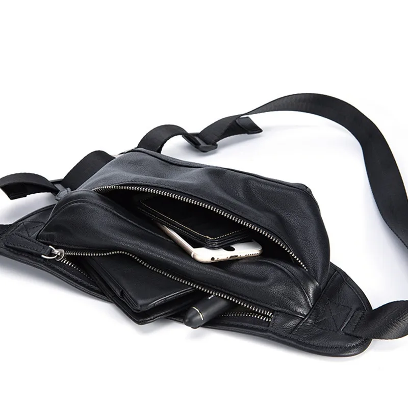 Fashion real cowhide men's small chest bag casual waist packs genuine leather luxury daily black shoulder crossbody bags