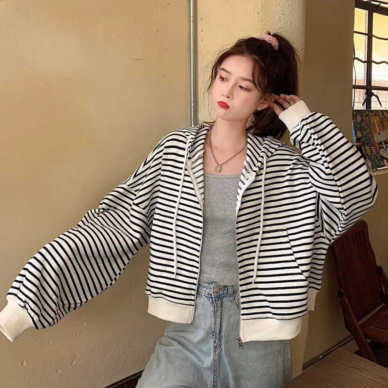 Women's Loose Versatile Striped Hoodie Zipper Cardigan Jacket 2022 Autumn Long Sleeve Drawstring Coat Ladies Street Wear Outside