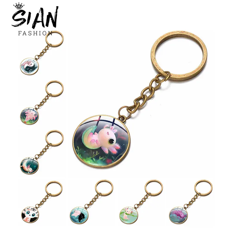 

New Cute Axolotl Keychain Kawaii Animal Art Pattern Keyrings Glass Dome Pendant Keychains Alloy Metal Long Chain Key Holder Gift