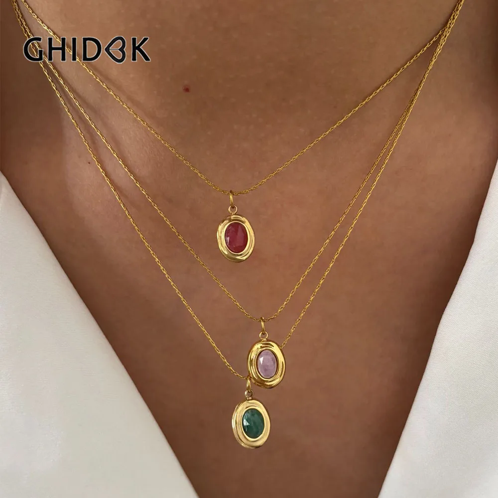 Фото GHIDBK модное ожерелье с подвеской из нержавеющей стали из натурального камня, позолоченное женское вечерние стиль, универсальные ювелирные изделия, подарки №1