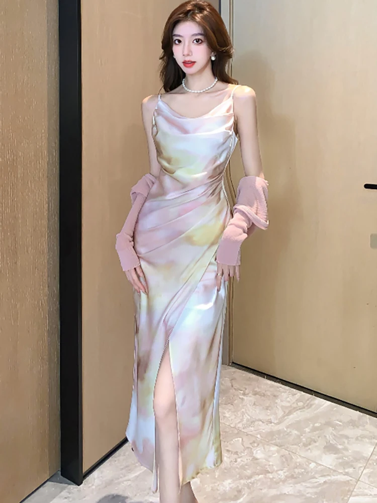 Женский Атласный Костюм-двойка элегантный роскошный костюм в Корейском стиле