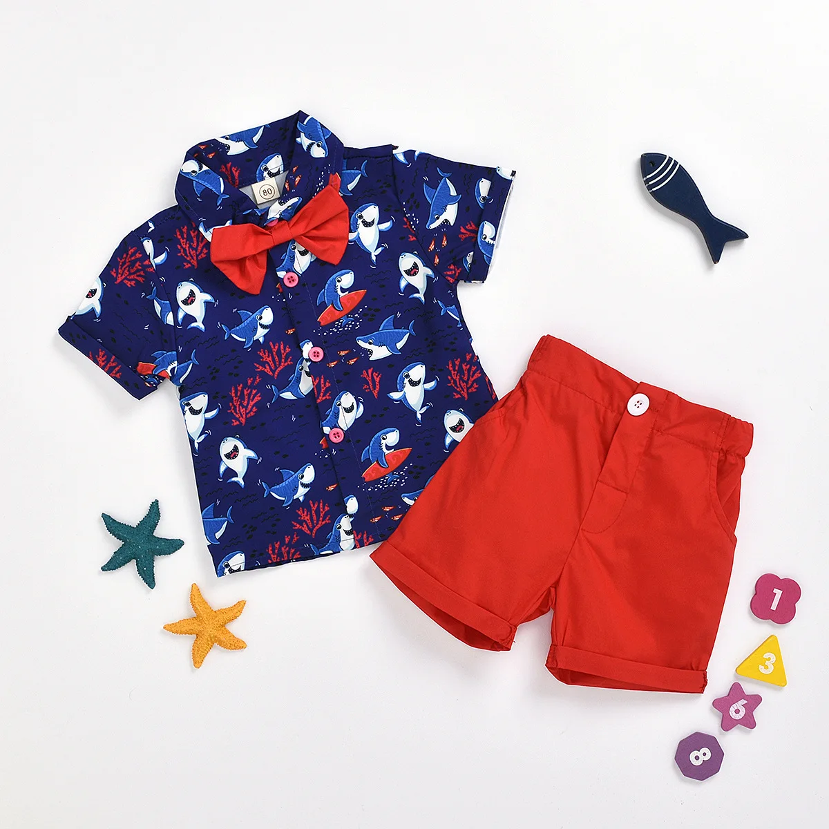 

2022 New Kids Boys Summer Clothes Sets Baby Gentleman Suits Lapel T-shirt Tops + Short Pants 2Pcs Outfits Boys Clothing