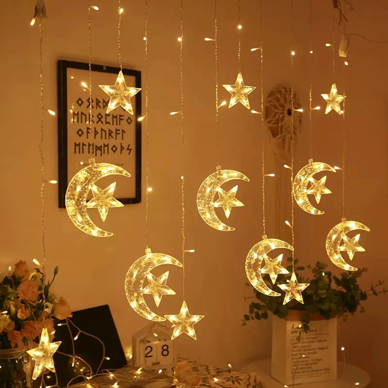 

3M Star Moon Curtain String Lights LED Fairy Lights Garlands Lamp 8 Modes Eid Mubarak Lighting Wedding Party Garden Window Decor