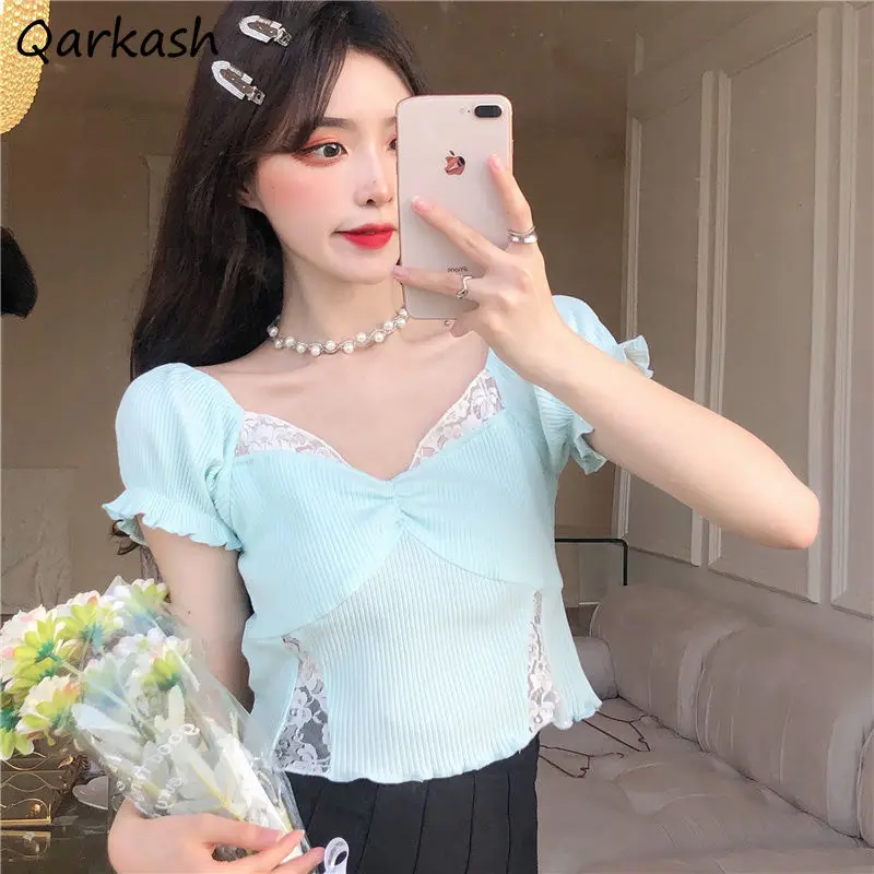 

T-shirts Women Short Sleeve Sweet Elegant Slim Crop Tops Lace Patchwork All-match Summer Ins Fashion Preppy Ladies Puff Sleeve