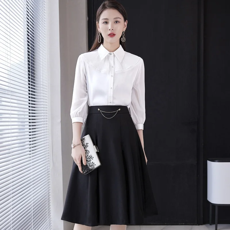 

Fashion White Blouses & Shirts Women 2 Piece Skirt and Top Sets Half Sleeve Ladies Work Clothes