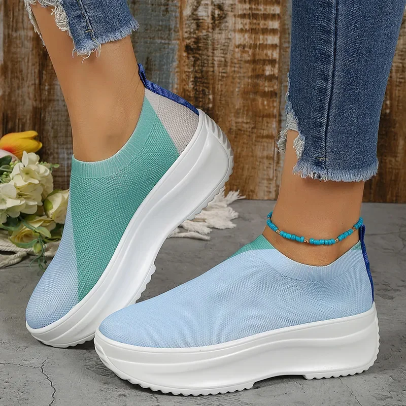 

Mix Color Knitted Chunky Sneakers Women Breathable Platform Sports Shoes Woman Thick Bottom Slip On Vulcanized Shoes Plus Size