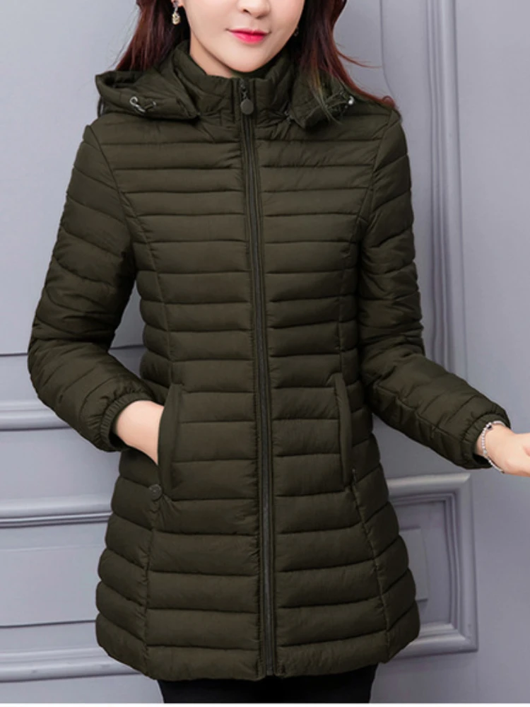 

Women's Jacket Oversize Lightweight Padded Jacket Winter Women Removable Hood Warm Cotton Clothes Middle Length Slim Warm Parkas