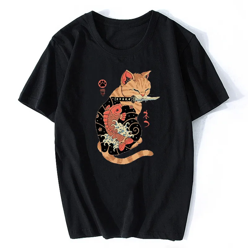 

Catana T Shirts 90s Vintage Japan Aesthetics Tops Funny Cartoon Cat Print Tee Women Men Fashion Short-sleev Tees Samurai Shirt