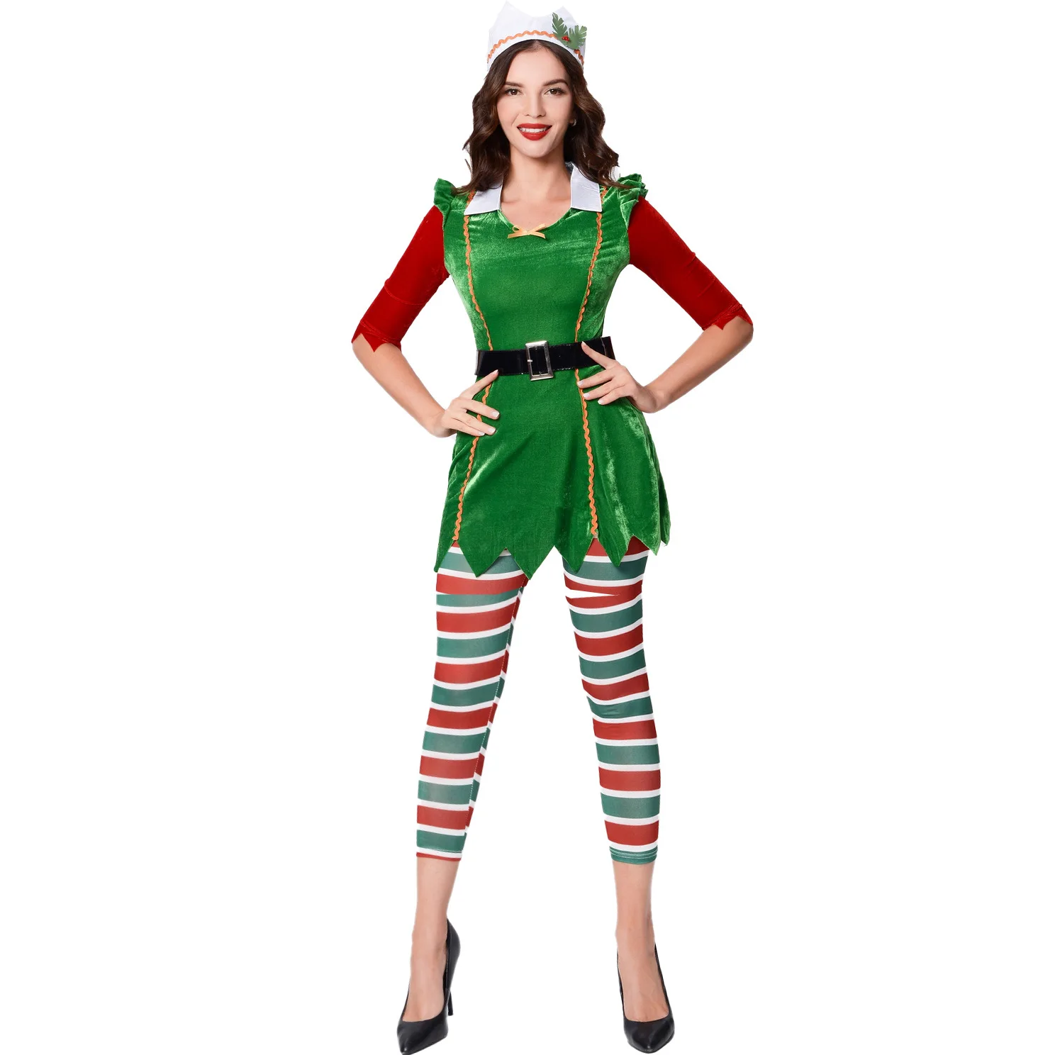 

Рождественские женские костюмы, брюки в полоску с Санта-Клаусом, женская одежда, эльф для косплея, карнавальные костюмы для нового года